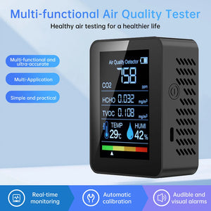 5-in-1 Carbon Dioxide Detector Formaldehyde/TVOC/CO₂/Temperature/Humidity Air Quality Monitor Audible and Visual Alarm Function
