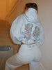 Fashion Loungewear  Women's Grey Sequin Angel Wings Crop Hoodie Top and Sweatpants  Fashion Casual