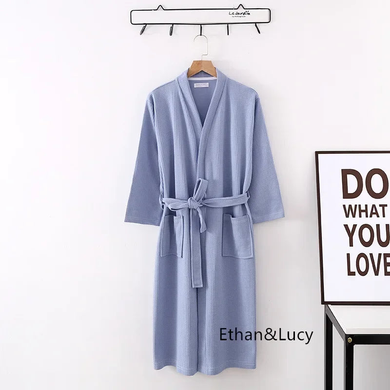 100% Cotton Waffle Robes for Women Summer Thin (nine Sleeves + Short Sleeves) Bathrobe Nightgown Home Service Hotel Bathrobe