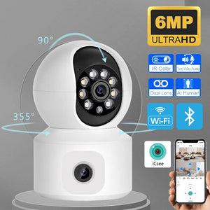 6MP iCsee WiFi IP Camera Dual Lens Dual Screen PTZ Auto Tracking Home Security Camera Baby Monitor CCTV Video Surveillance Cam
