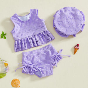 Toddler Kids Baby Girls Swimsuits Sleeveless Crew Neck Solid Color Eyelet Embroidery Tops Bikini Bottoms with Hats Swimwear