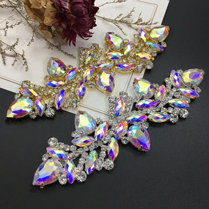 Wedding Dress & Shoe Decoration Appliqué - Gold Silver AB Crystal Leaf Glass Rhinestone Chain Fringe Sew-on Garment Accessory
