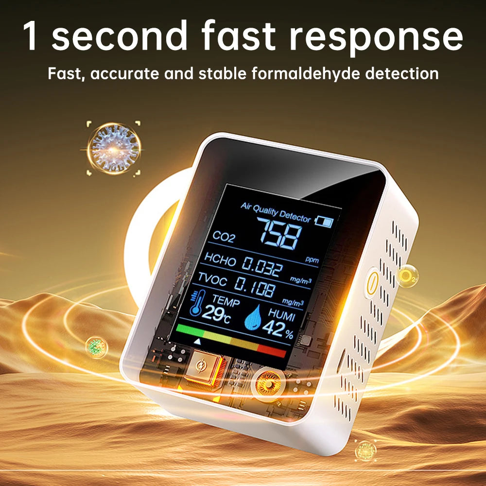 5-in-1 Carbon Dioxide Detector Formaldehyde/TVOC/CO₂/Temperature/Humidity Air Quality Monitor Audible and Visual Alarm Function