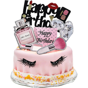 22PC Makeup Cake Toppers Kit - Lipstick, Perfume, Eyelash, Diamond Brush Decor for Women Girls Birthday Bridal Shower Spa Party