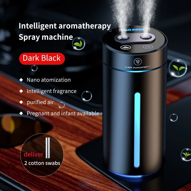 380ML Double Spray Vehicle Air Humidifier USB Charging Mini Essential Oil Diffuser with Mood Light Wireless Car Aroma Humidifier