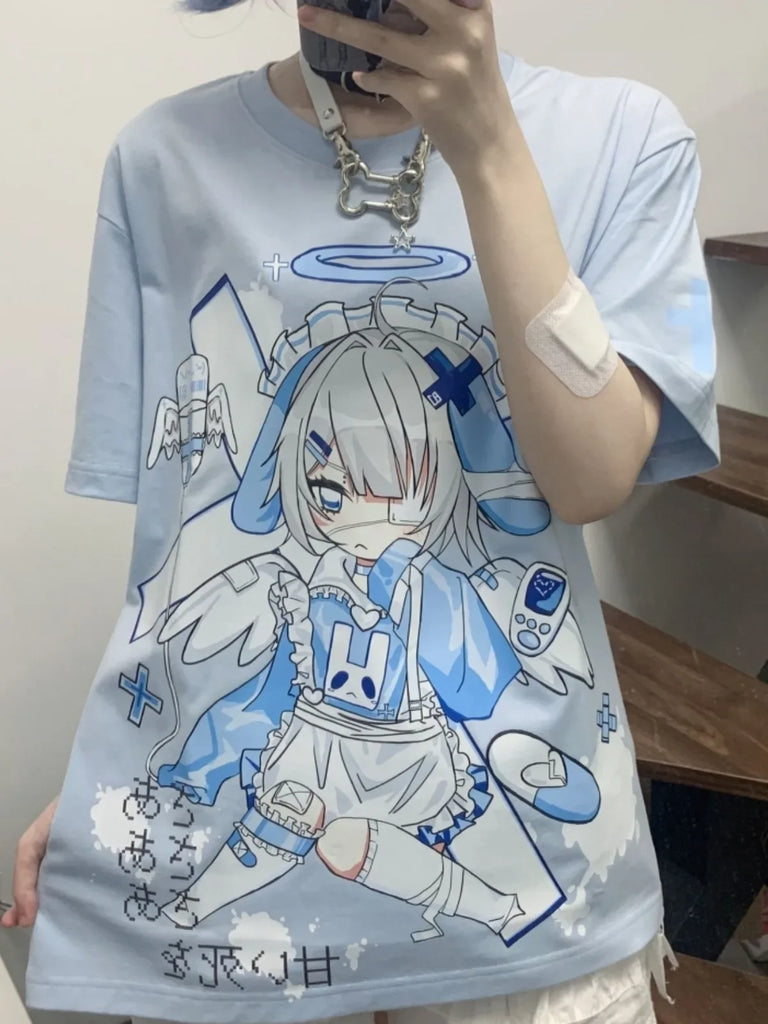 Fashion Summer  Angel Rabbit Rabbit Cute Cartoon Printed Short Soft Girl Sleeve T-shirt Female  College Style Oversized Top