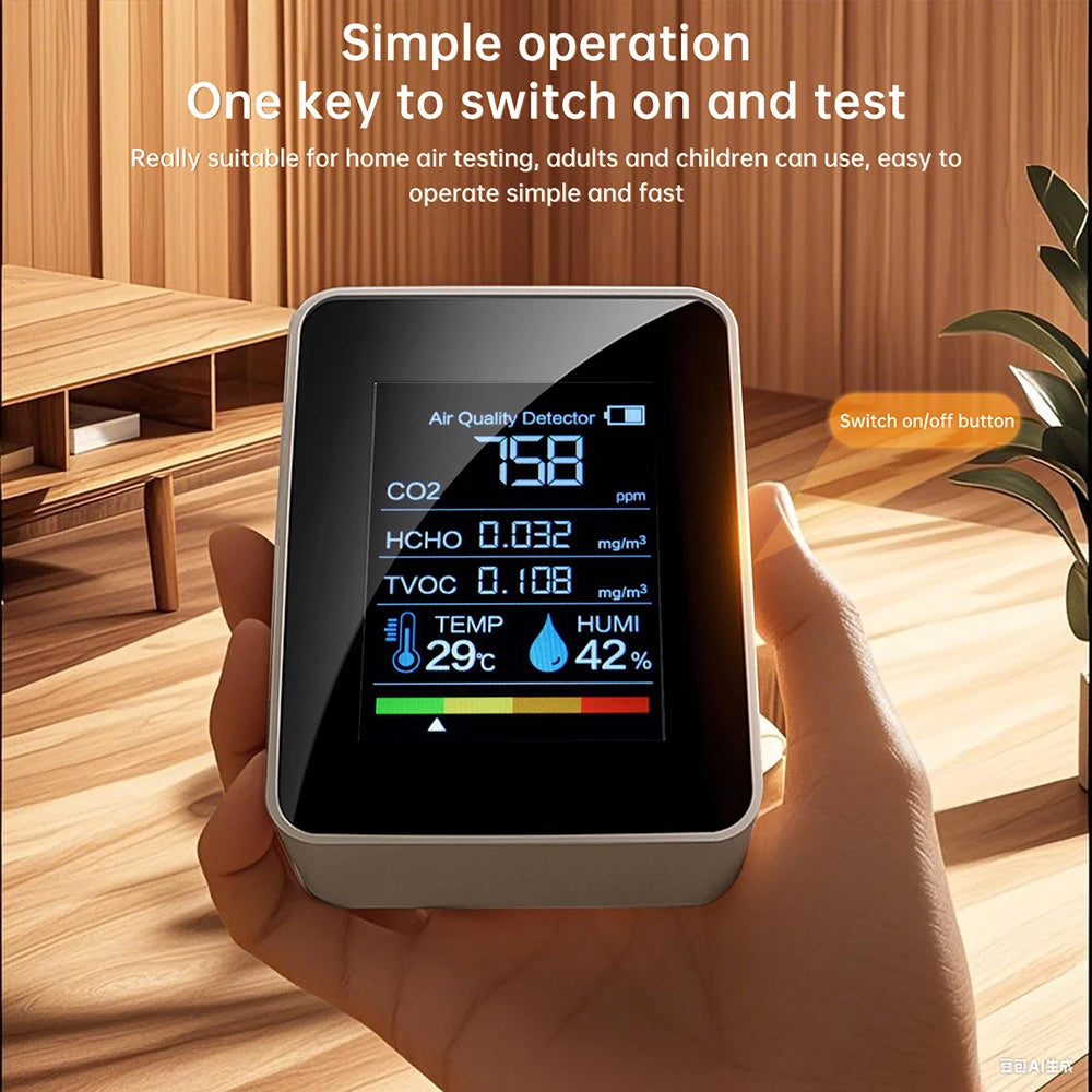 5-in-1 Carbon Dioxide Detector Formaldehyde/TVOC/CO₂/Temperature/Humidity Air Quality Monitor Audible and Visual Alarm Function