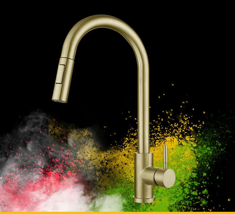 Brushed Gold Kitchen Faucets Single Handle Pull Out Kitchen Sink Mixer Tap Stainless Steel Hot Cold Pull Down Kitchen Faucet