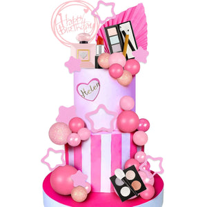 34PCS Makeup Cake Topper Happy Birthday Cake Topper with Lipstick Eye Shadow Makeup Brush for Girls Makeup Birthday Party Decor