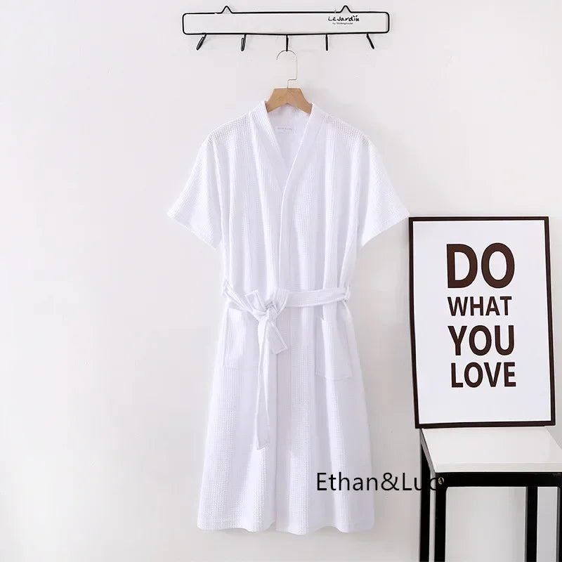 100% Cotton Waffle Robes for Women Summer Thin (nine Sleeves + Short Sleeves) Bathrobe Nightgown Home Service Hotel Bathrobe