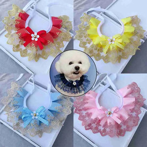 Adjustable Cat Necklace, Lace Mesh Dog Bib Scarf, Saliva Towel Neck Strap with Bowknot for Pet, Fashion Pet Neckerchief Collar
