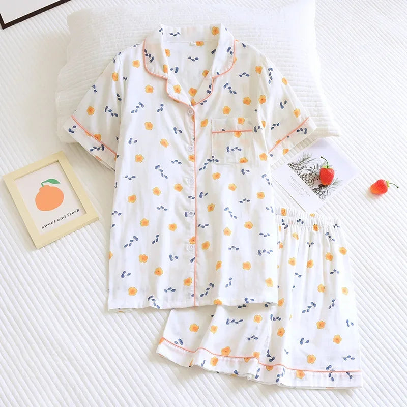 Japanese Summer Ladies New Pajamas Two-piece 100% Cotton Gauze Thin Short-sleeved Shorts Cute Cat Cartoon Home Service Set Women