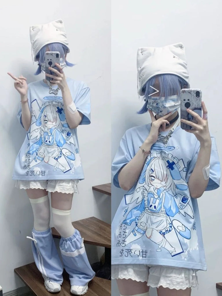 Fashion Summer  Angel Rabbit Rabbit Cute Cartoon Printed Short Soft Girl Sleeve T-shirt Female  College Style Oversized Top