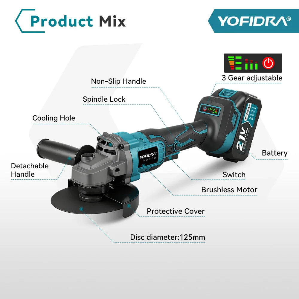 YOFIDRA 20000RPM 125mm Brushless Electric Angle Grinder Wood Metal Cutting Grinding Polishing Power Tool For Makita Battery Pin