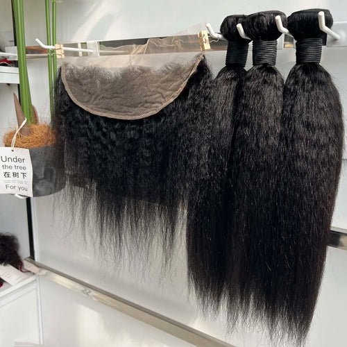 Clearance Sale Kinky Straight Bundles With HD Transparent Lace Closure Frontal And Bundles 100% Raw Virgin Human Hair Extension