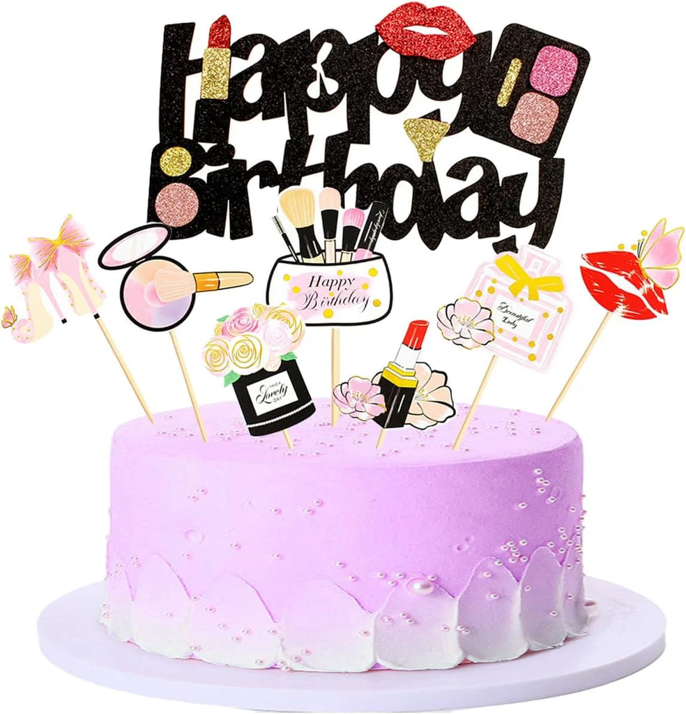 22PC Makeup Cake Toppers Kit - Lipstick, Perfume, Eyelash, Diamond Brush Decor for Women Girls Birthday Bridal Shower Spa Party