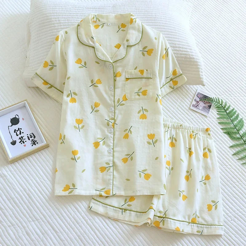 Japanese Summer Ladies New Pajamas Two-piece 100% Cotton Gauze Thin Short-sleeved Shorts Cute Cat Cartoon Home Service Set Women