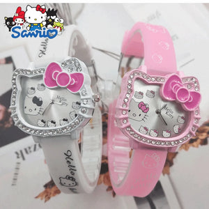 Hello Kitty Children's Cartoon Cat Head Student Electronic Silicone Diamond Bow Quartz Watch Party Kids Girls Gifts