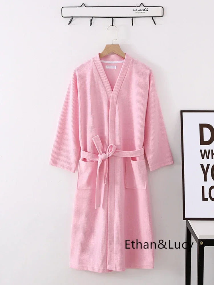 100% Cotton Waffle Robes for Women Summer Thin (nine Sleeves + Short Sleeves) Bathrobe Nightgown Home Service Hotel Bathrobe