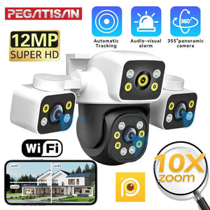 6K 12MP Outdoor WiFi Camera Three Screen Three Lens 10X Zoom PTZ Automatic Tracking Audible Visual Alarm Security Camera