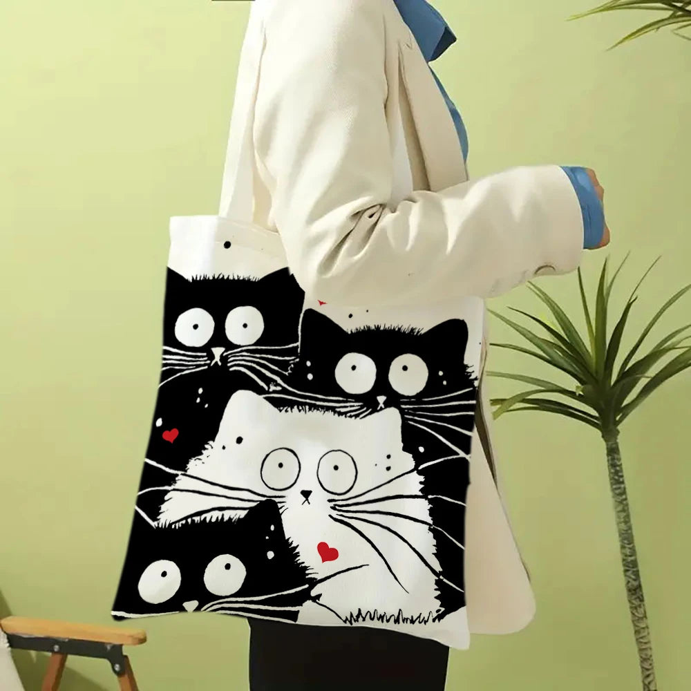 Cute Cat Shopping Grocery Reusable School Girl Gift Andeiltech Tote Bag for Women Aesthetic No Zipper