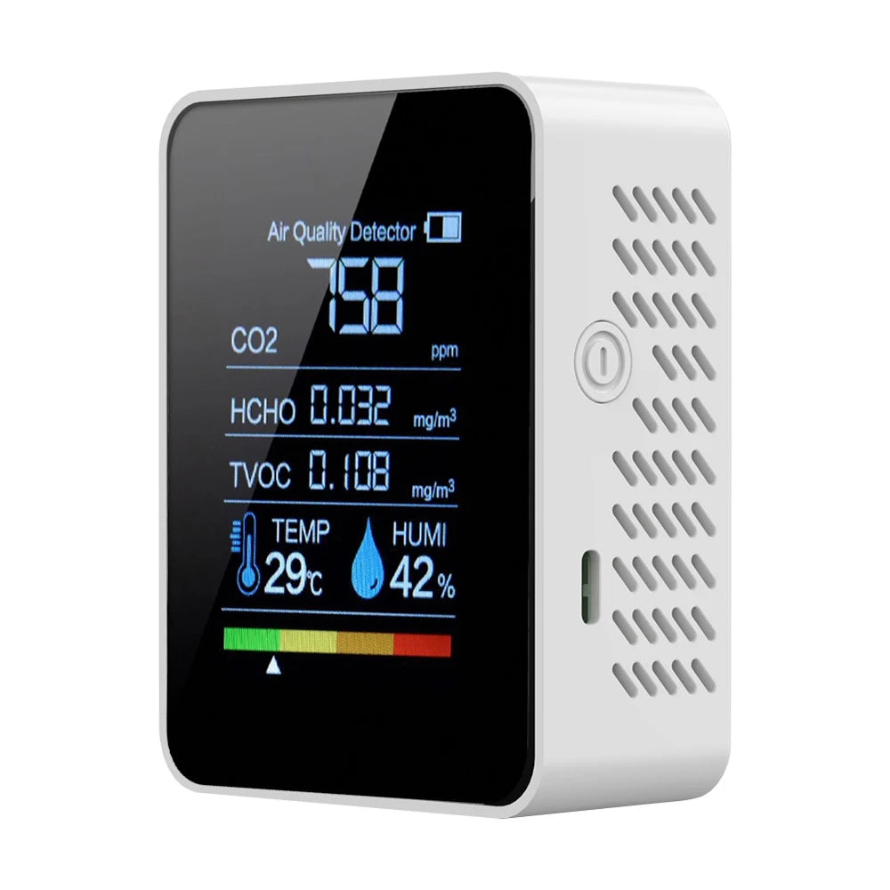 5-in-1 Carbon Dioxide Detector Formaldehyde/TVOC/CO₂/Temperature/Humidity Air Quality Monitor Audible and Visual Alarm Function