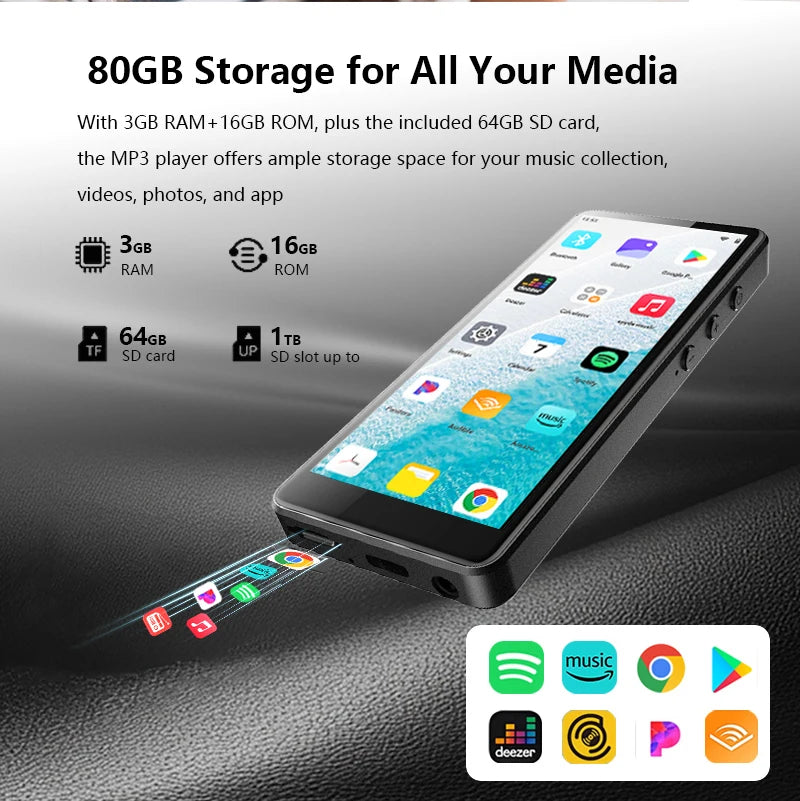 80GB(16GB+64GB) 3.99 inch mp3 player bluetooth 5.0 and WiFi,Android 13.0 FM radio, eBooks, ,Spotify,Audible,capacity up to 1Tb