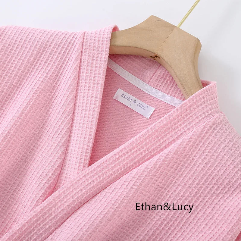 100% Cotton Waffle Robes for Women Summer Thin (nine Sleeves + Short Sleeves) Bathrobe Nightgown Home Service Hotel Bathrobe