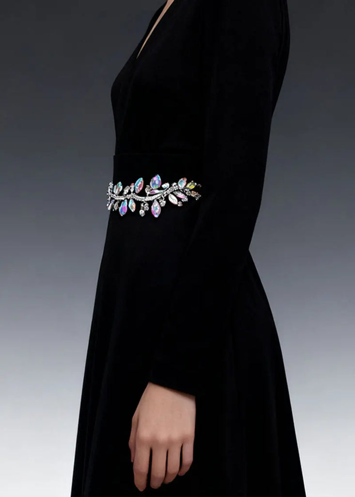 Wedding Dress & Shoe Decoration Appliqué - Gold Silver AB Crystal Leaf Glass Rhinestone Chain Fringe Sew-on Garment Accessory