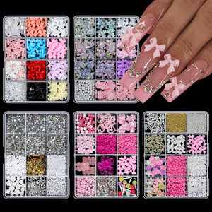 12 Grid Mixed 3D Color Resin Bow Pearl Heart Flat Back Diamond Nail Art Decoration Suitable for Acrylic Nails DIY Nail Art