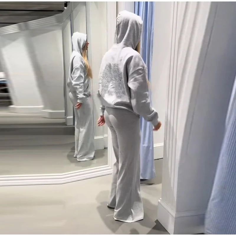 Fashion Loungewear  Women's Grey Sequin Angel Wings Crop Hoodie Top and Sweatpants  Fashion Casual