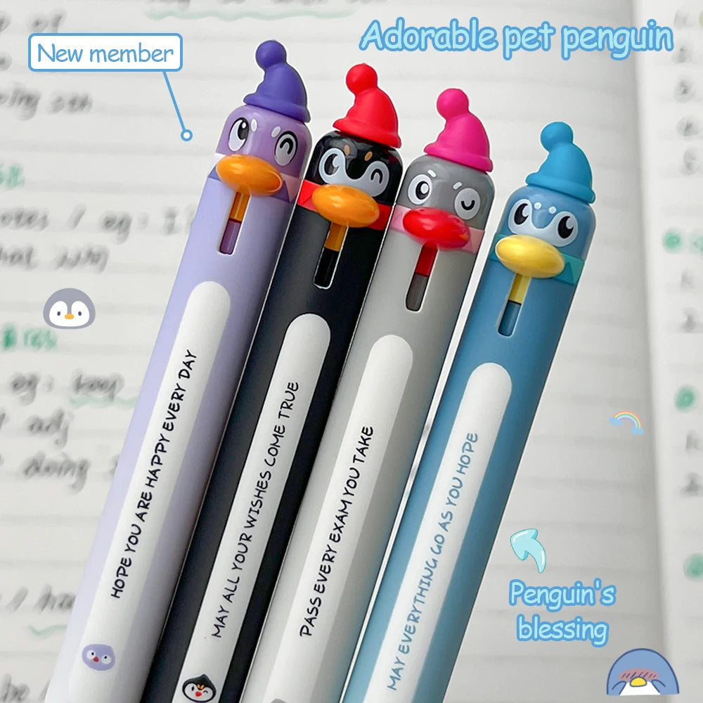 4 Pcs Cute Pet Series Fun Gel Pen 0.5mm Cute Animals Quick-Dry Pen Baby Chicken and Penguin Minimalist Style Black Pen