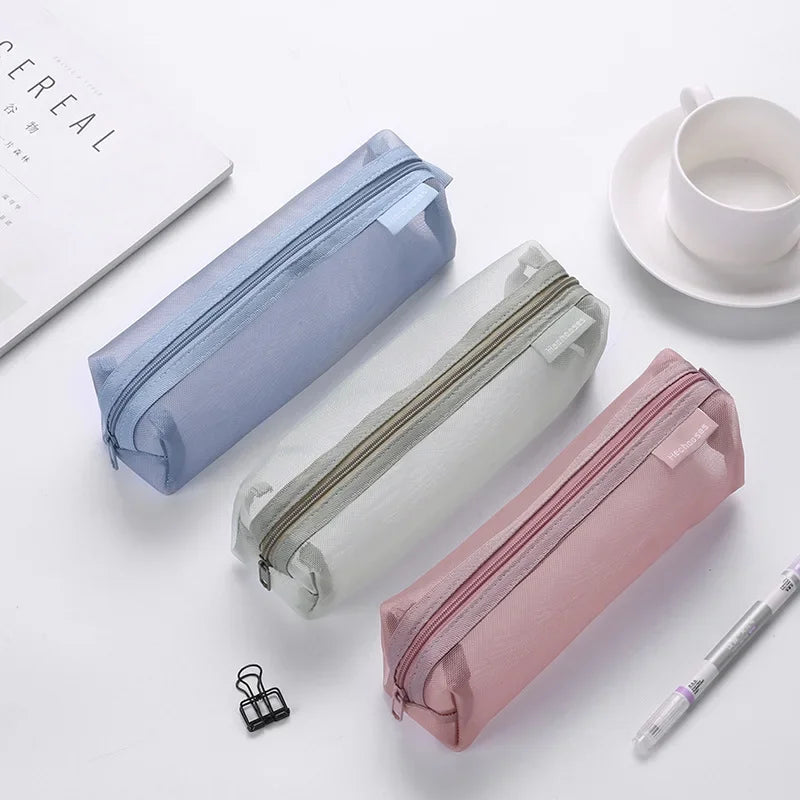 Mesh Pencil Case Transparent Pens Pouch Cute Simple Aesthetic Bag Organizer Office School Supplies for Student Stationary