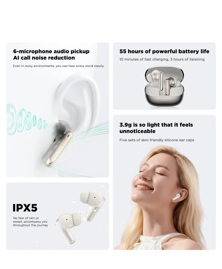 MINISO MS106 Bluetooth Earphones  AI Translator Earbuds TWS Ear Clip Sports Earphones Noise Reduction Wireless Headphones