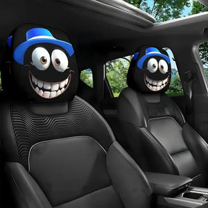 A two-piece set of exaggerated and fun car interior headrest covers for 2026, with funny face expressions and cool decorations