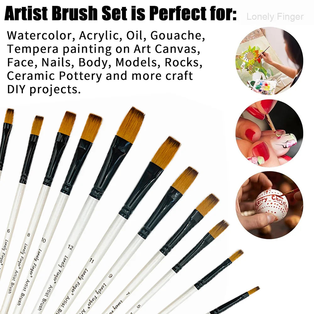 Artist Paint Brush Set 12pcs,  Oil Acrylic Falt Paint Brushes, Watercolor Brush Set for Body, Face, Rock, Canvas Drawing Art Cra