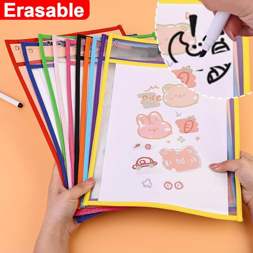 Dry Erase Pockets Reusable File Holder Transparent A4 Folders Kids Teaching Drawing Board Stationary Files Card Storage Supplies