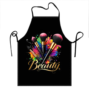 1pc Makeup Brush Design Apron - Professional Beauty Artist & Home Kitchen Apron with Golden Beauty Text, Black Background
