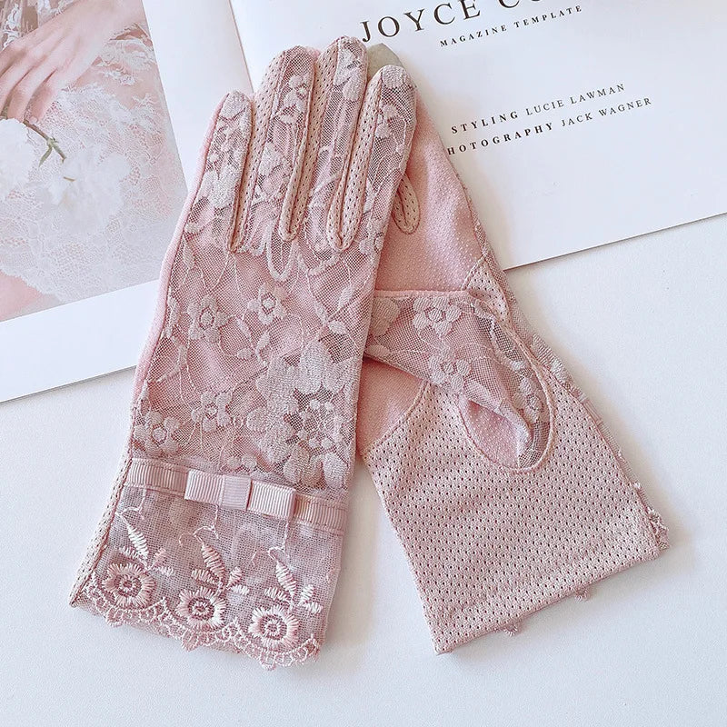 Sunscreen Gloves for Ladies Spring Summer Heat Insulation Ice Silk Lace UV Thin Electric Car Driving Non-slip Breathable Cool