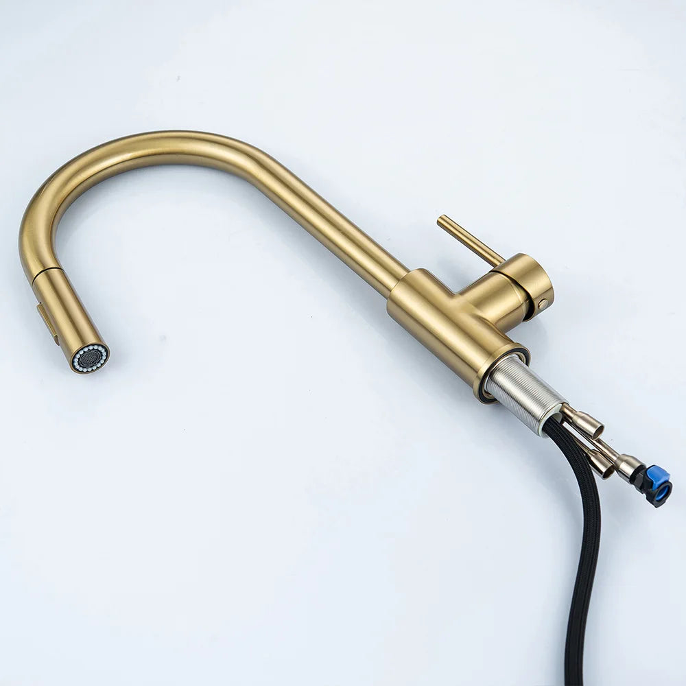 Brushed Gold Kitchen Faucets Single Handle Pull Out Kitchen Sink Mixer Tap Stainless Steel Hot Cold Pull Down Kitchen Faucet