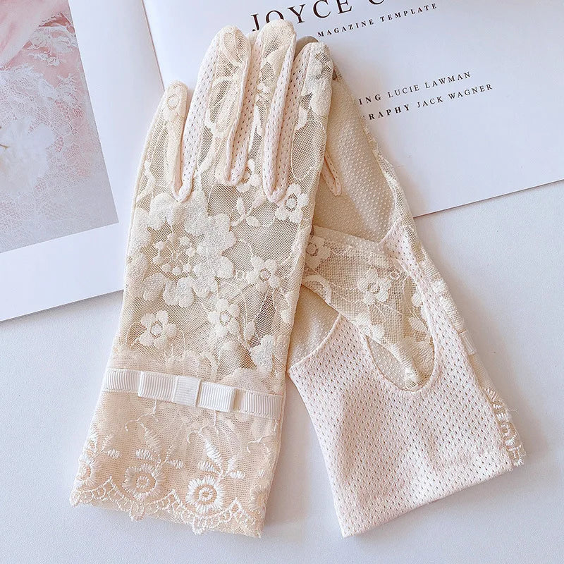Sunscreen Gloves for Ladies Spring Summer Heat Insulation Ice Silk Lace UV Thin Electric Car Driving Non-slip Breathable Cool