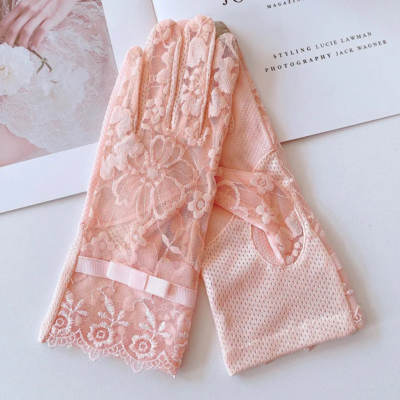 Sunscreen Gloves for Ladies Spring Summer Heat Insulation Ice Silk Lace UV Thin Electric Car Driving Non-slip Breathable Cool