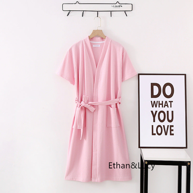 100% Cotton Waffle Robes for Women Summer Thin (nine Sleeves + Short Sleeves) Bathrobe Nightgown Home Service Hotel Bathrobe