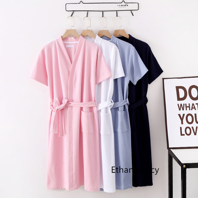 100% Cotton Waffle Robes for Women Summer Thin (nine Sleeves + Short Sleeves) Bathrobe Nightgown Home Service Hotel Bathrobe