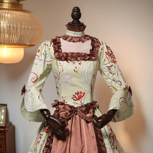 Hot Sale Of The Season Long Sleeve Floral Print Retro Court Dress Bell Sleeve Dress Patchwork High Waist Midi Dress Princess...