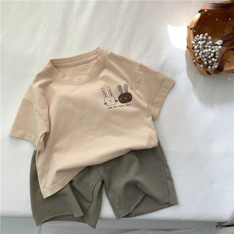 2025 Summer New Arrivals Children's short sleeve T-shirts Pure Cotton 2-7Y Cartoon Bunny T shirt Boys and Girls Looe casual Tops