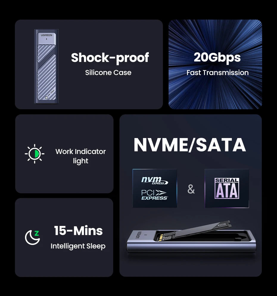 BR Sale UGREEN M2 SSD Case M.2 NVMe SATA SSD Enclosure Adapter 20Gbps USB 3.2 Gen2 USB C External Enclosure