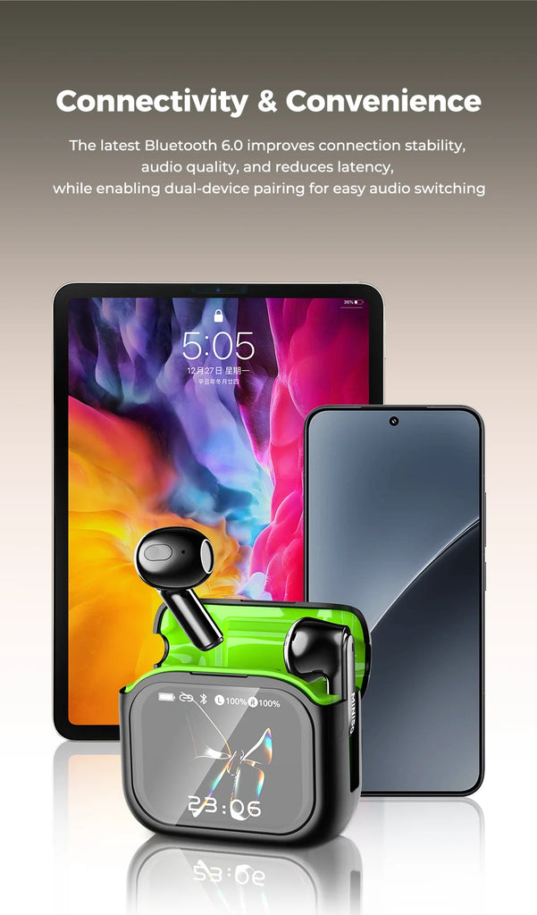 【MINISO MS103 】AI Bluetooth Headphones 135 Languages Translation, Trendy Color Touchscreen, Gaming Wireless Headphones