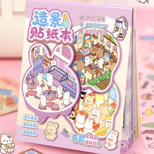 2 sticker books+1 tweezers cartoon mini scene sticker book 3D landscape sticker 3D house stacking material DIY creative handmade