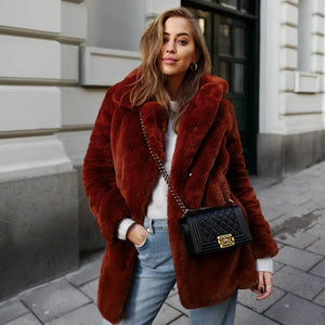 Women Winter Warm Fur Coat Fashion Turn Down Collar Flurry Fur Long Jacket New In Casual Outerwear Solid Color Lady Fur Jacket